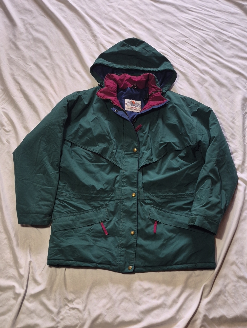 Vintage Far West Women's Teal Hooded Winter Coat with Magenta Trim Size M